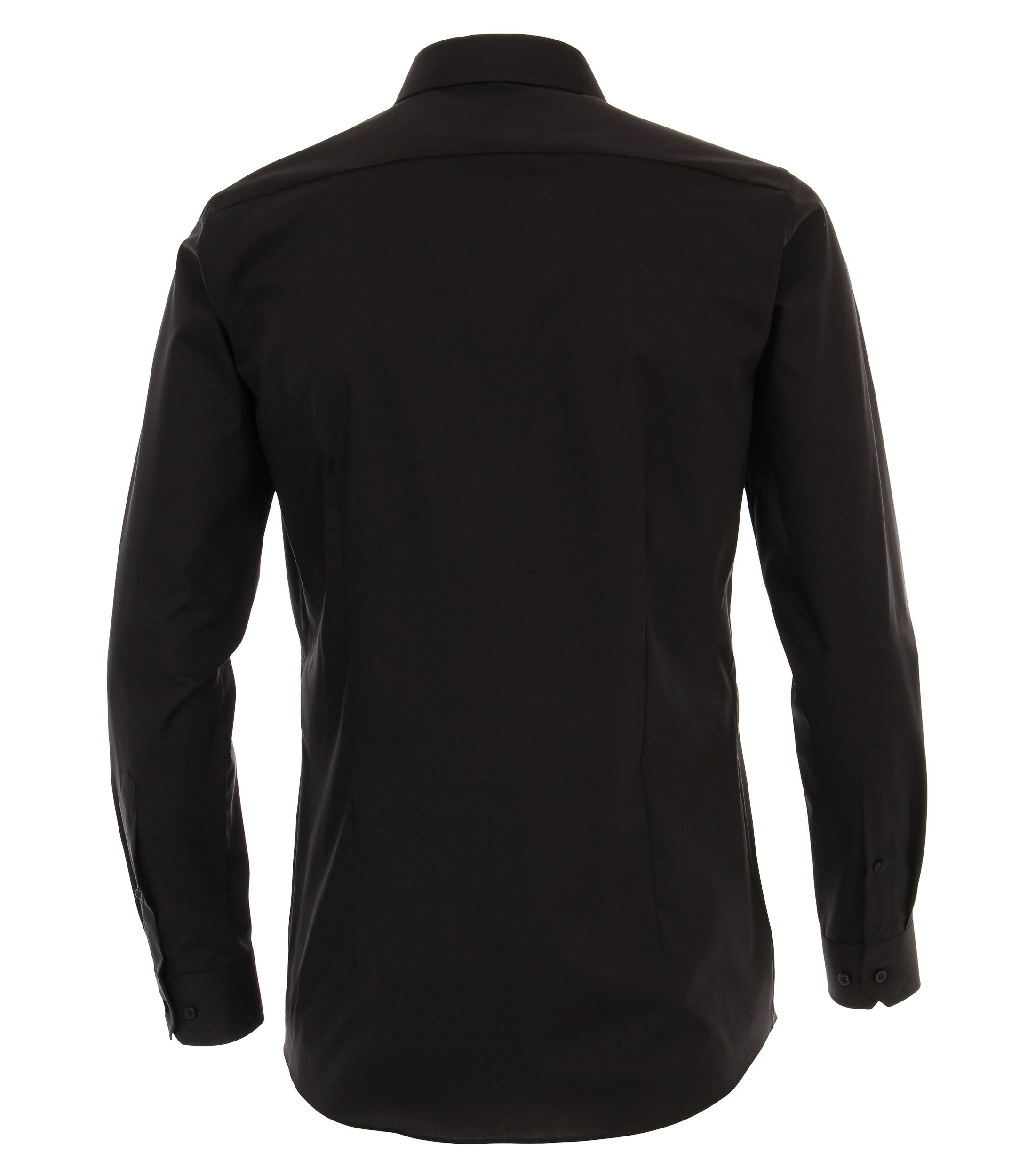 Das Model trägt ein Businesshemd im uni Muster in der Farbe Schwarz