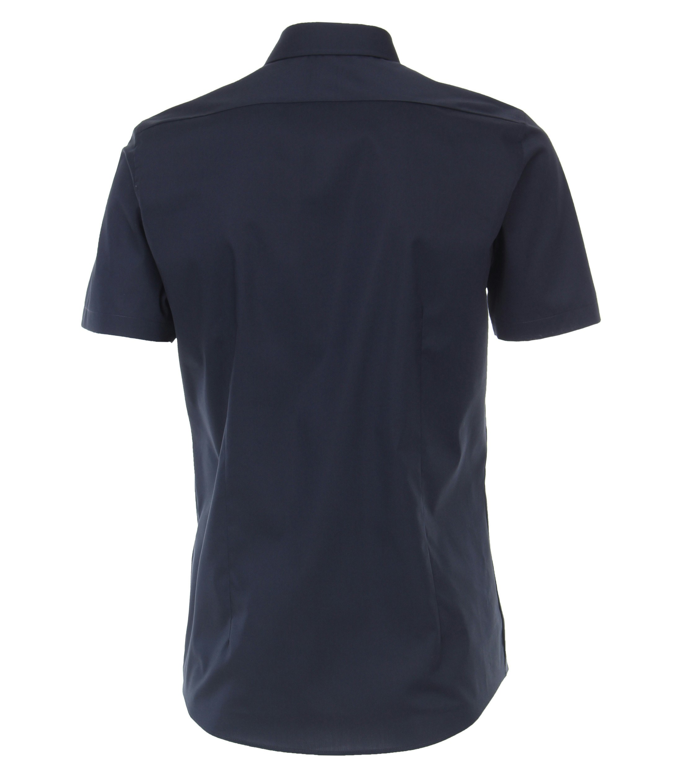 Das Model trägt ein Businesshemd im uni Muster in der Farbe Dunkelblau