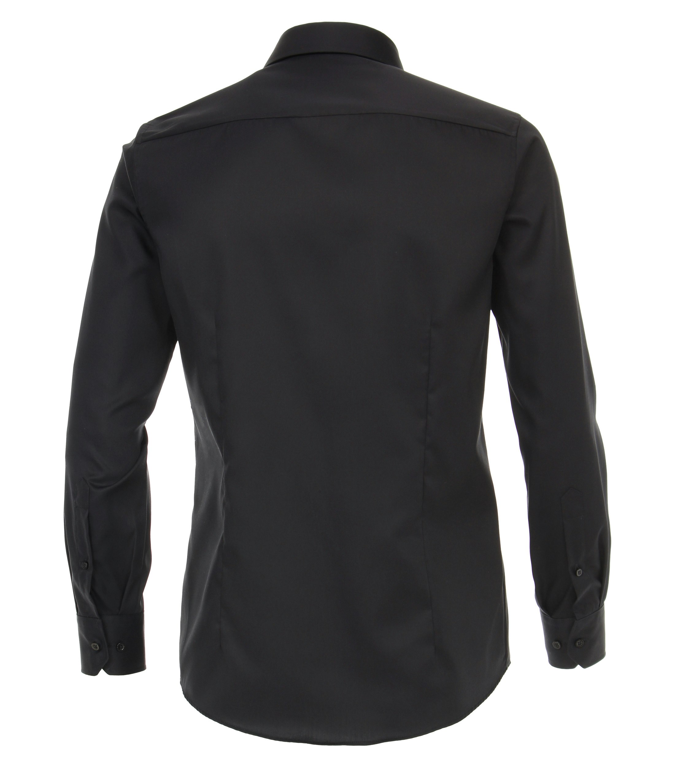 Das Model trägt ein Businesshemd im uni Muster in der Farbe Schwarz