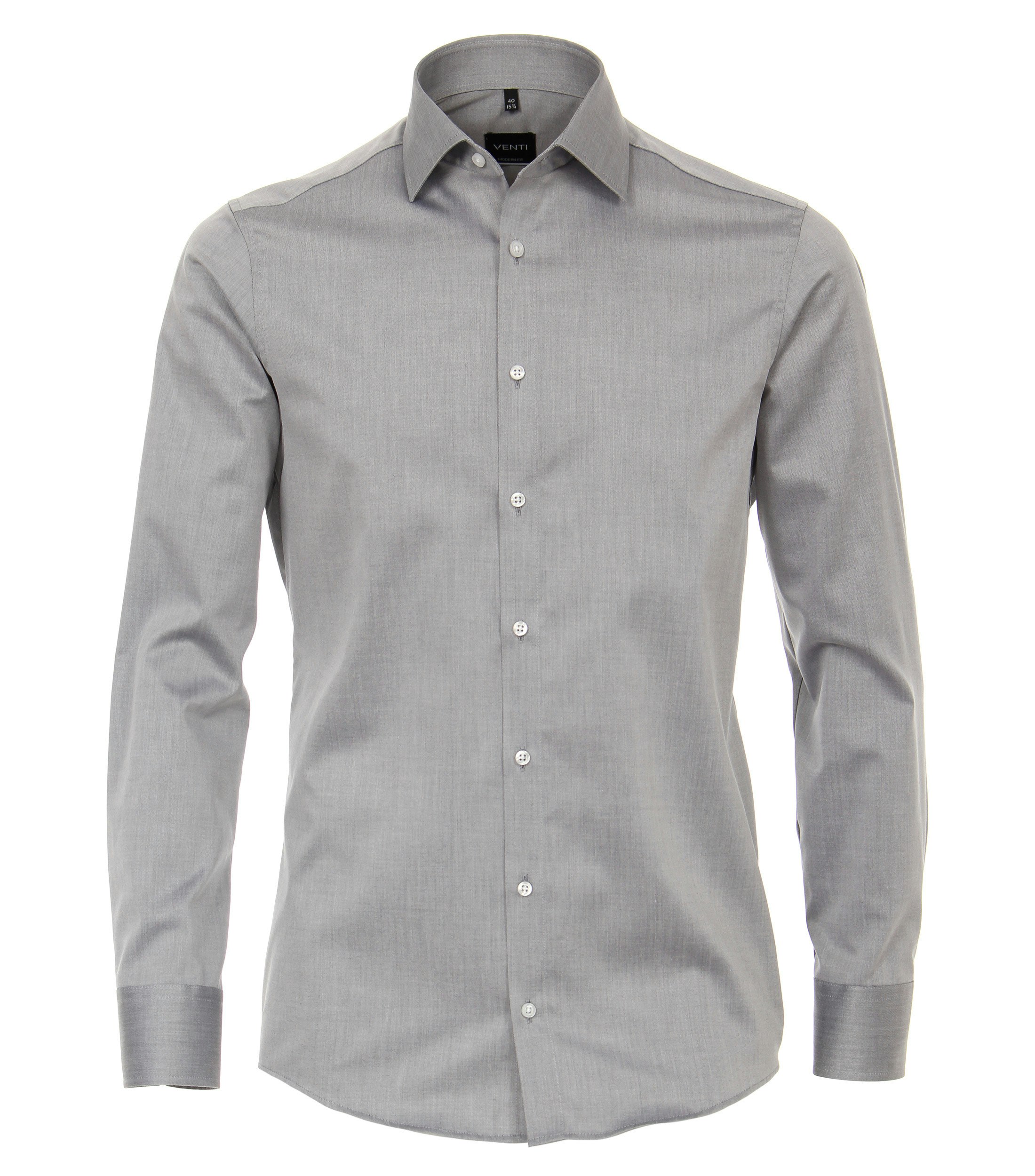 Das Model trägt ein Businesshemd im uni Muster in der Farbe Hellgrau