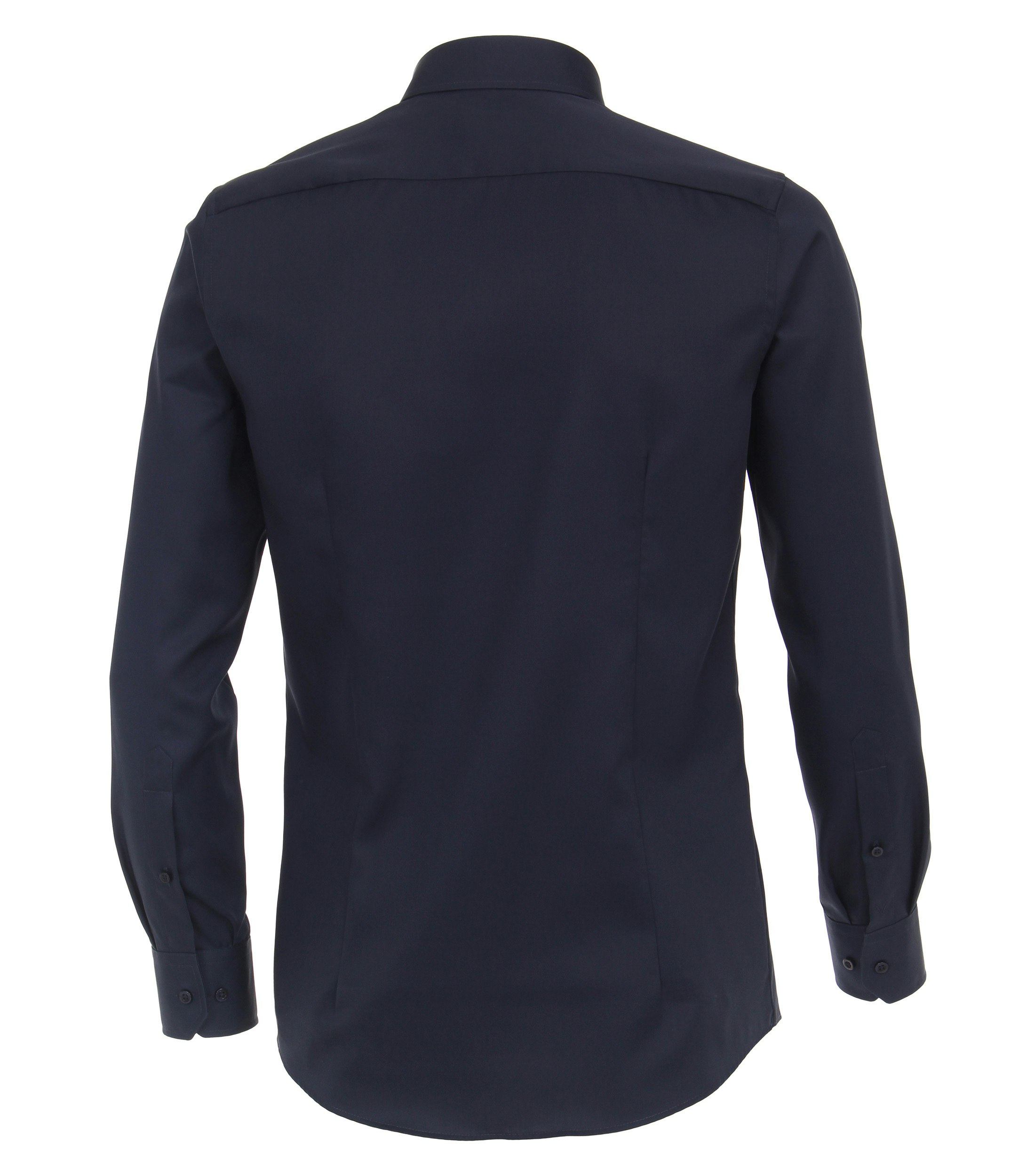 Das Model trägt ein Businesshemd im uni Muster in der Farbe graues Dunkelblau