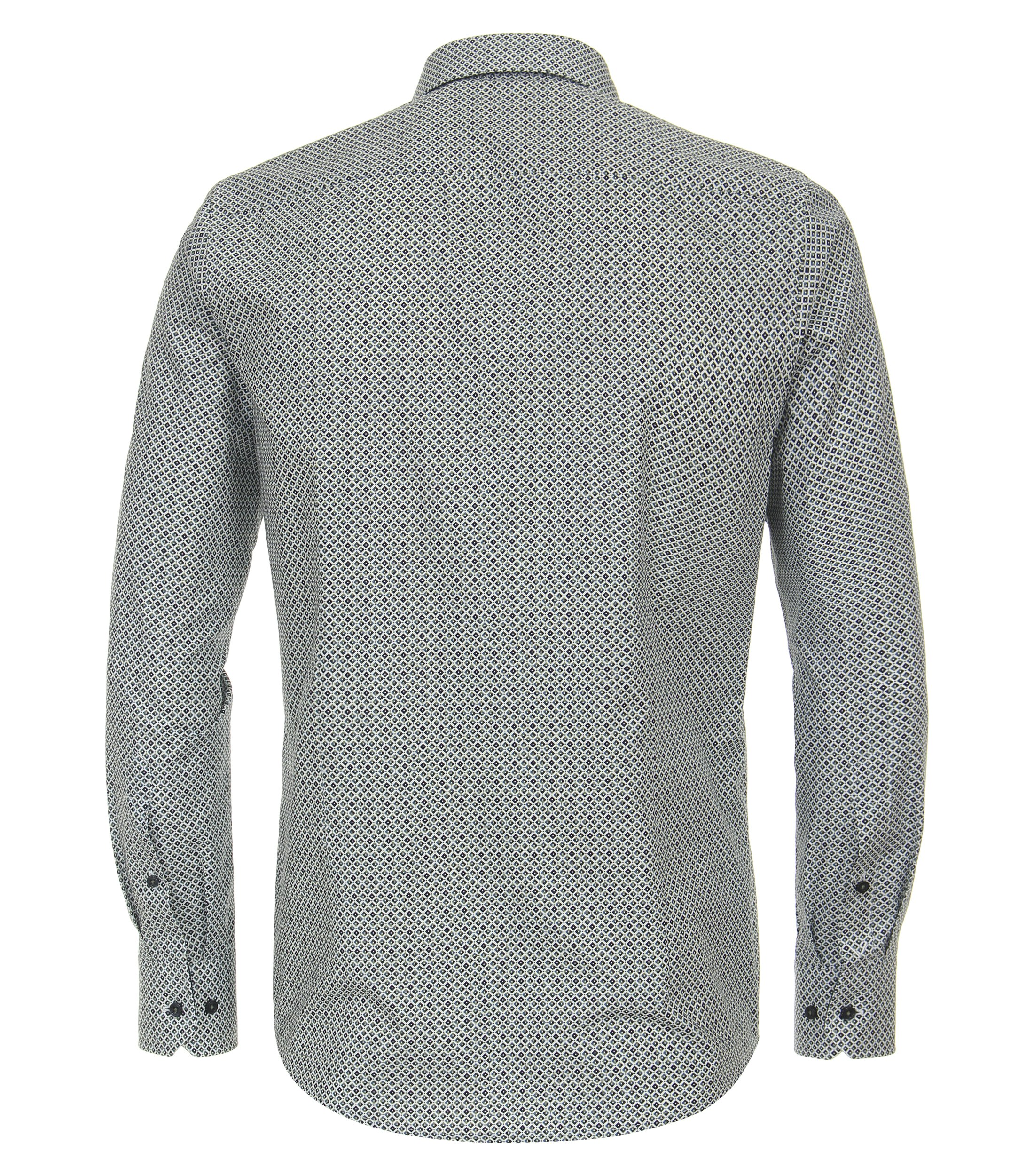 Das Model trägt ein Businesshemd im Print Muster in der Farbe Olive