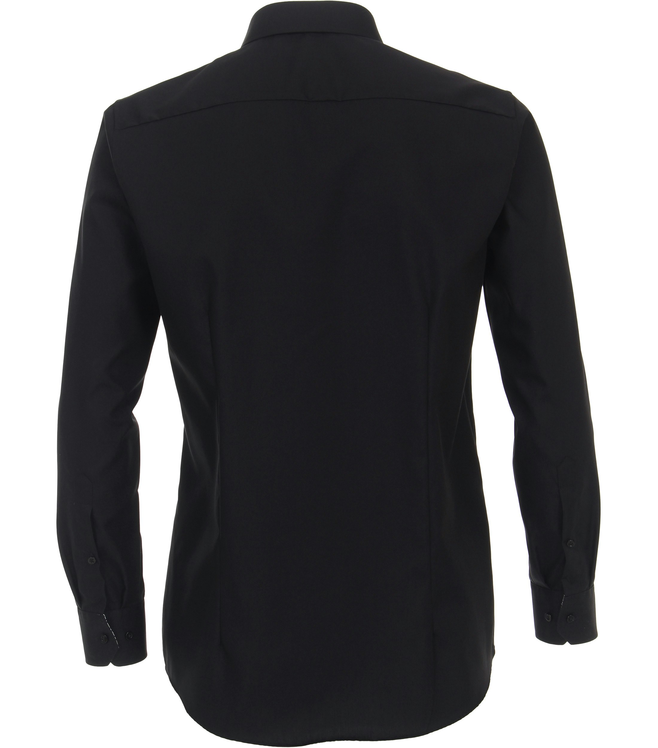 Das Model trägt ein Businesshemd im uni Muster in der Farbe Schwarz