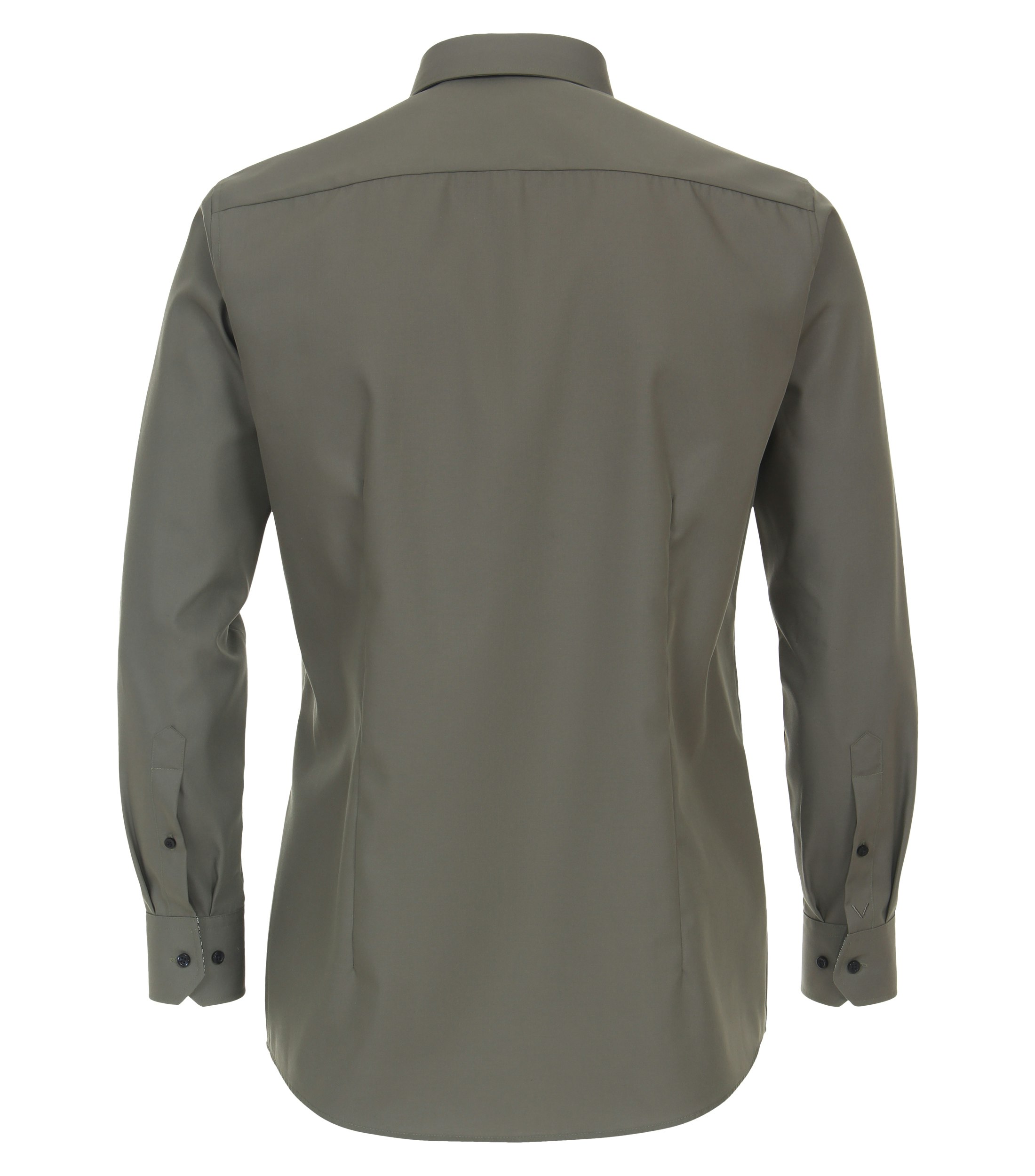 Das Model trägt ein Businesshemd im uni Muster in der Farbe Olive