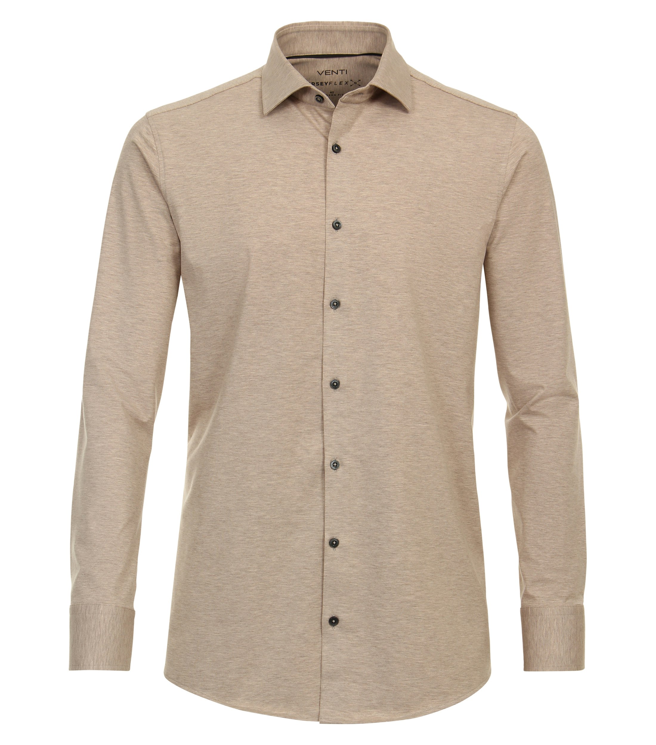 Das Model trägt ein Businesshemd im uni Muster in der Farbe Hellbraun