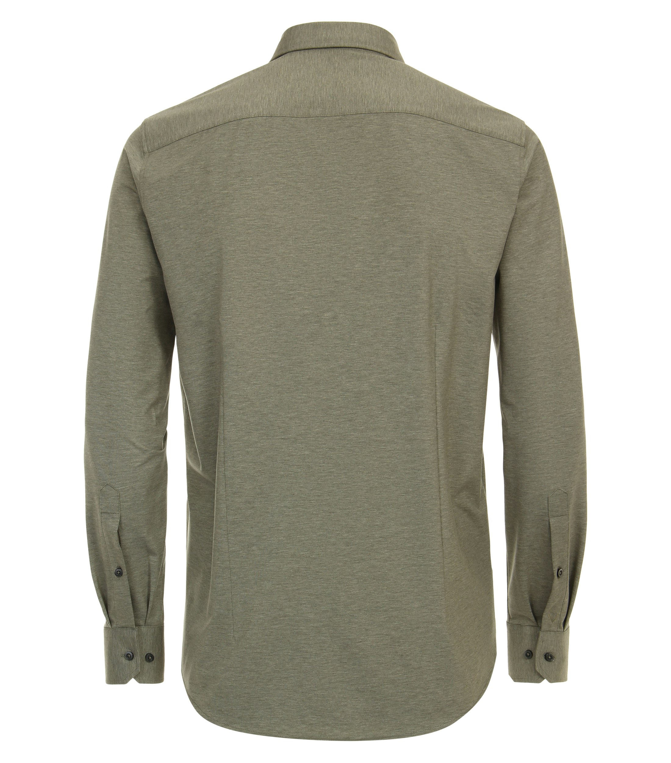 Das Model trägt ein Businesshemd im uni Muster in der Farbe Olive