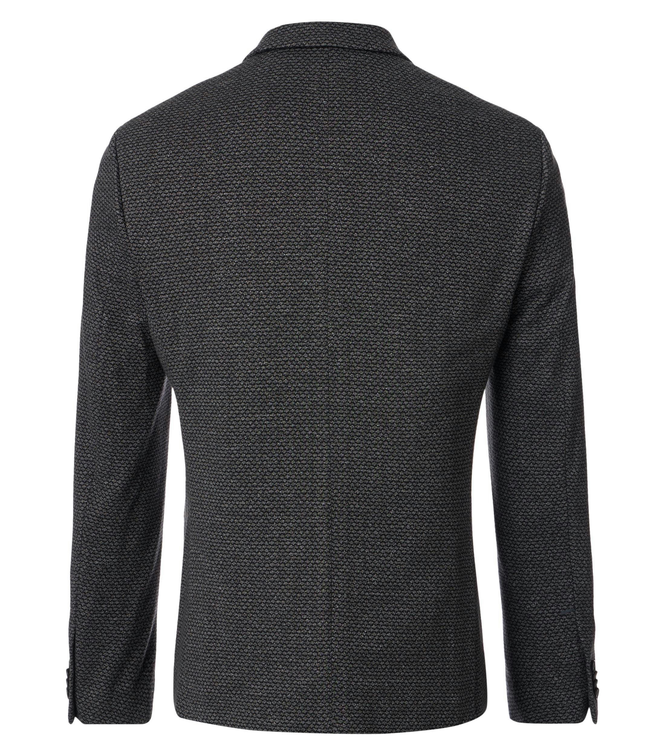 Das Model trägt ein Sakko im uni Muster in der Farbe Dunkelgrau