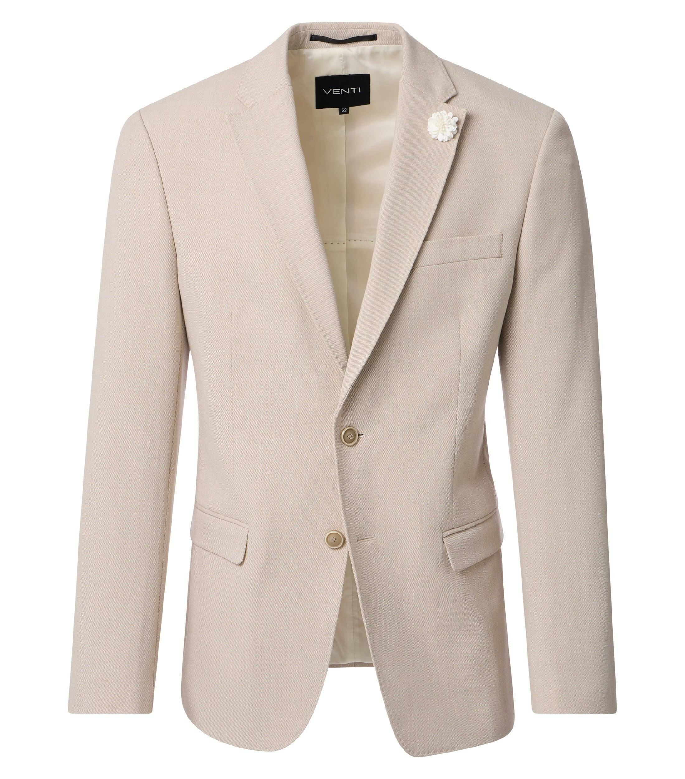 Das Model trägt ein Sakko im uni Muster in der Farbe Beige