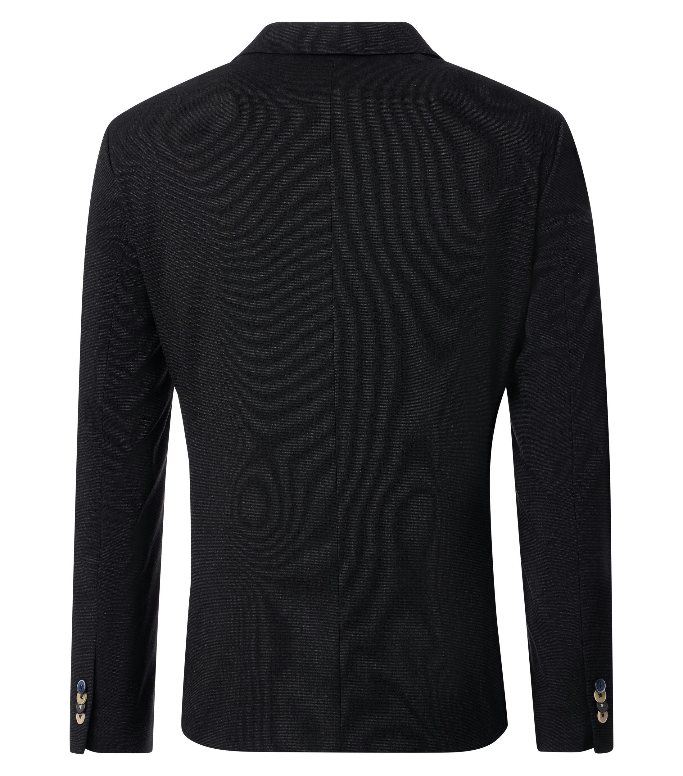 Das Model trägt ein Sakko im uni Muster in der Farbe Schwarz