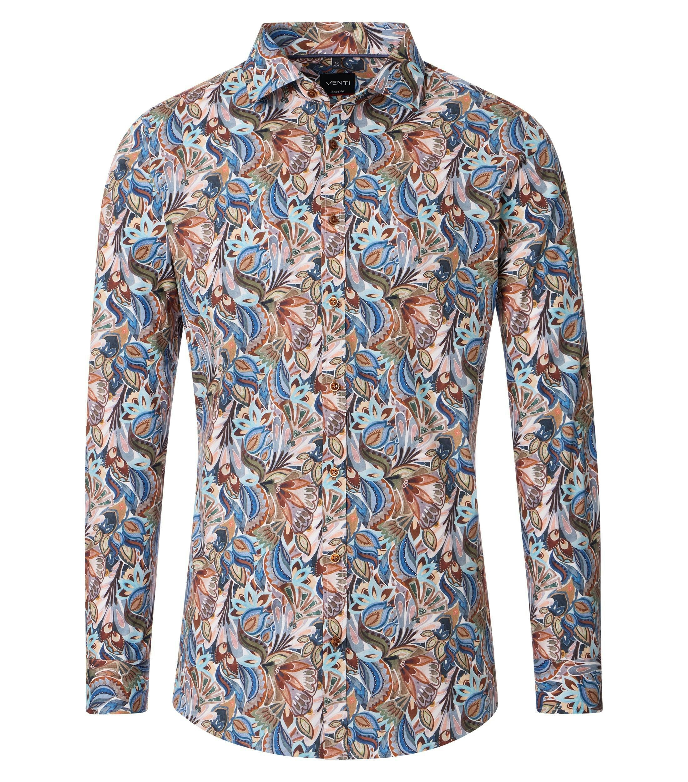 Das Model trägt ein Businesshemd im Print Muster in der Farbe Orange